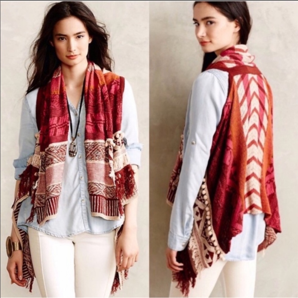 Anthropologie Multicolor Patterned Fringe Vest — Red, Pink, Orange, Cream